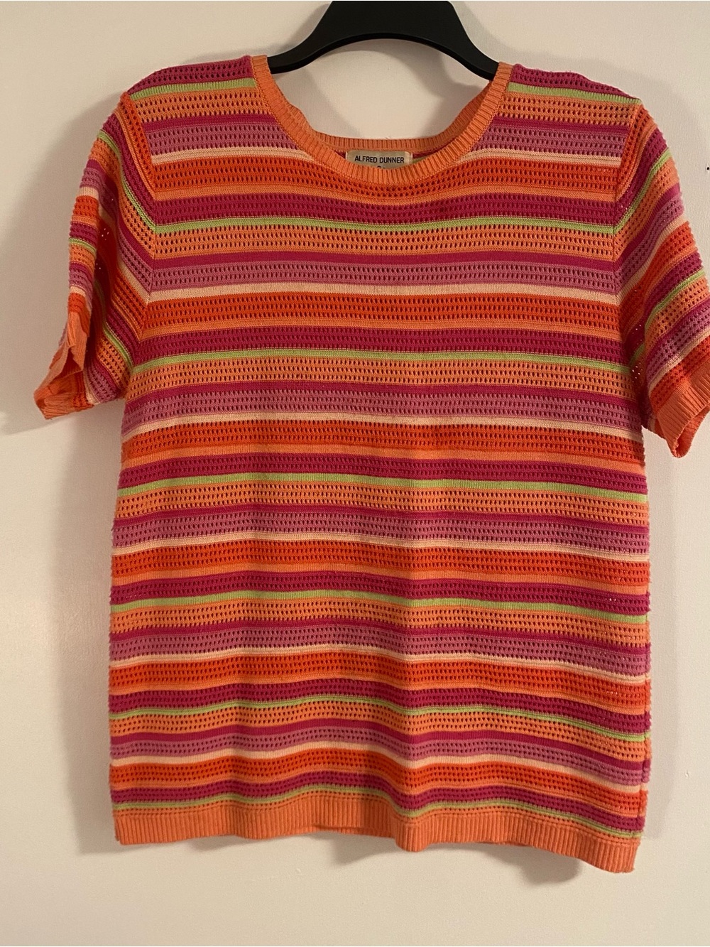 Vintage Alfred Dunner Knit Crochet Blouse Womens S Pink Stipe Beaded GrannyCore